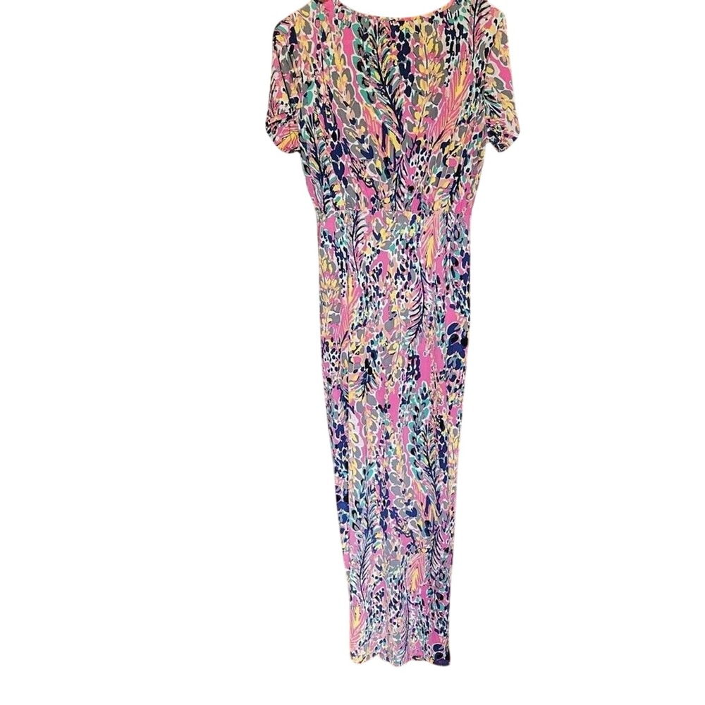 Beeson River Artistic Print Ruched Maxi Dress Cap Sleeve High Slit Women's Large